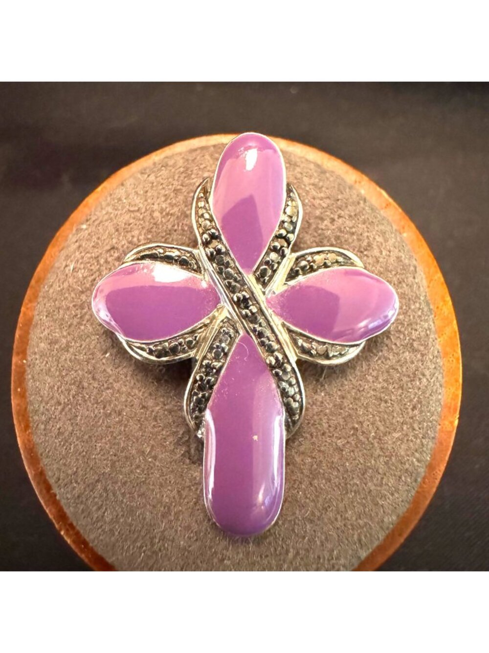Sterling Silver 925 Purple Enamel Black Diamond Cross Pendant Size 1.25" Length